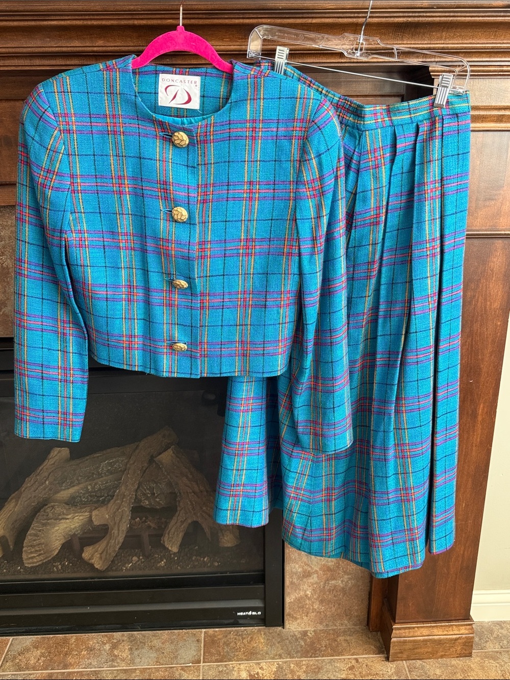 Vintage bold statement teal colorful plaid blazer skirt suit set Mid Century S/M